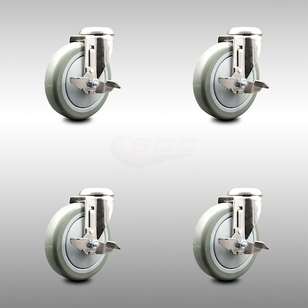 Service Caster 5 Inch 316SS Gray Polyurethane Wheel Swivel Bolt Hole Caster Set with Brake SCC SCC-SS316BH20S514-PPUB-TLB-4